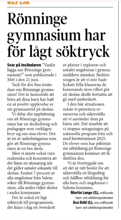 Svaret på insändaren om Rönninge gymnasium i Mitt i Salem augusti 2025
